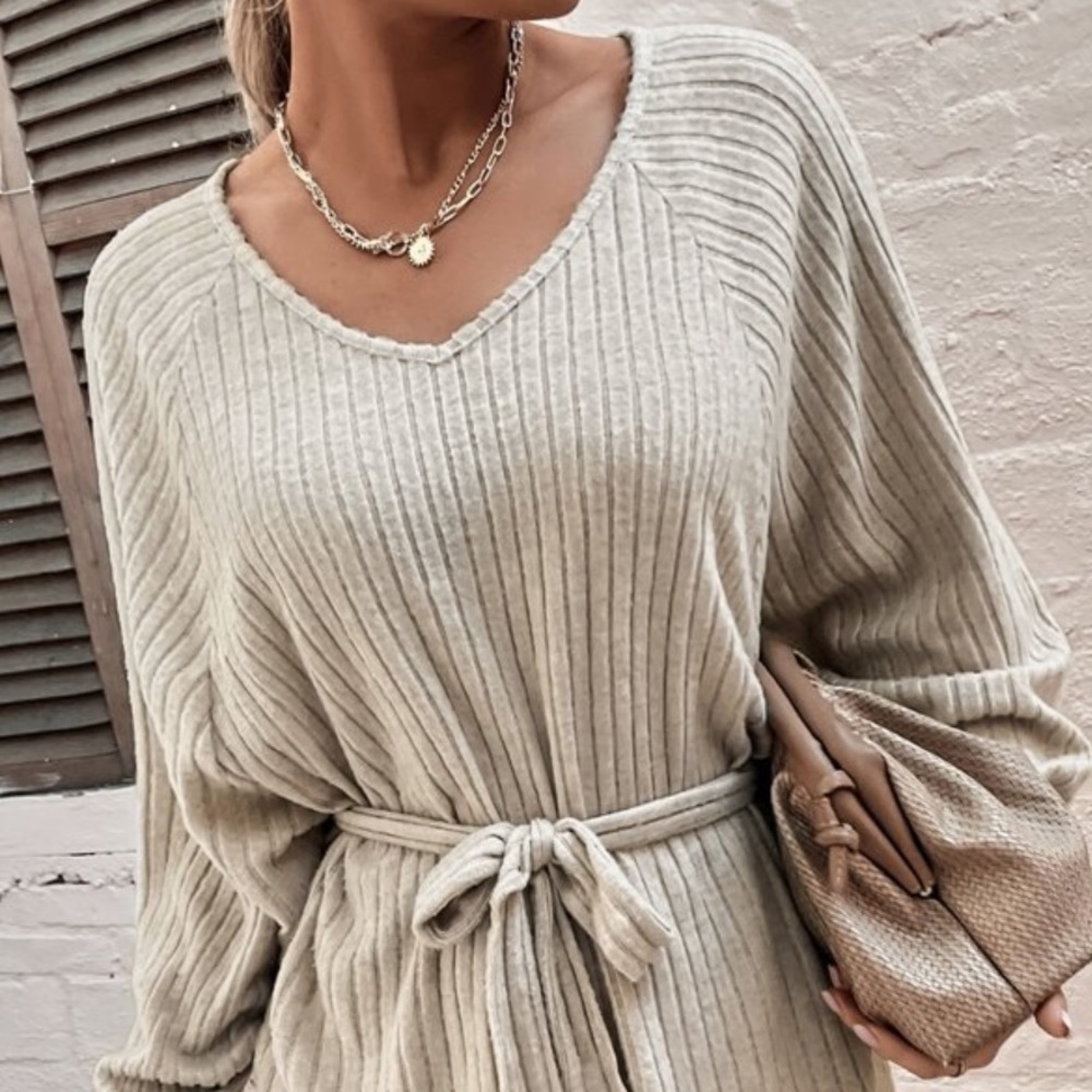 Comfy Relaxed Fit Long Sleeve Belted Tee Dress - Picture 10 of 13